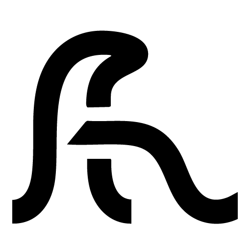 Icône de forme abstraite noire sur fond blanc, composée de lignes courbes entrelacées formant un symbole unique.