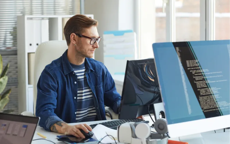 Un homme portant des lunettes travaille sur un ordinateur avec du code à l'écran, dans un bureau lumineux avec des dossiers.