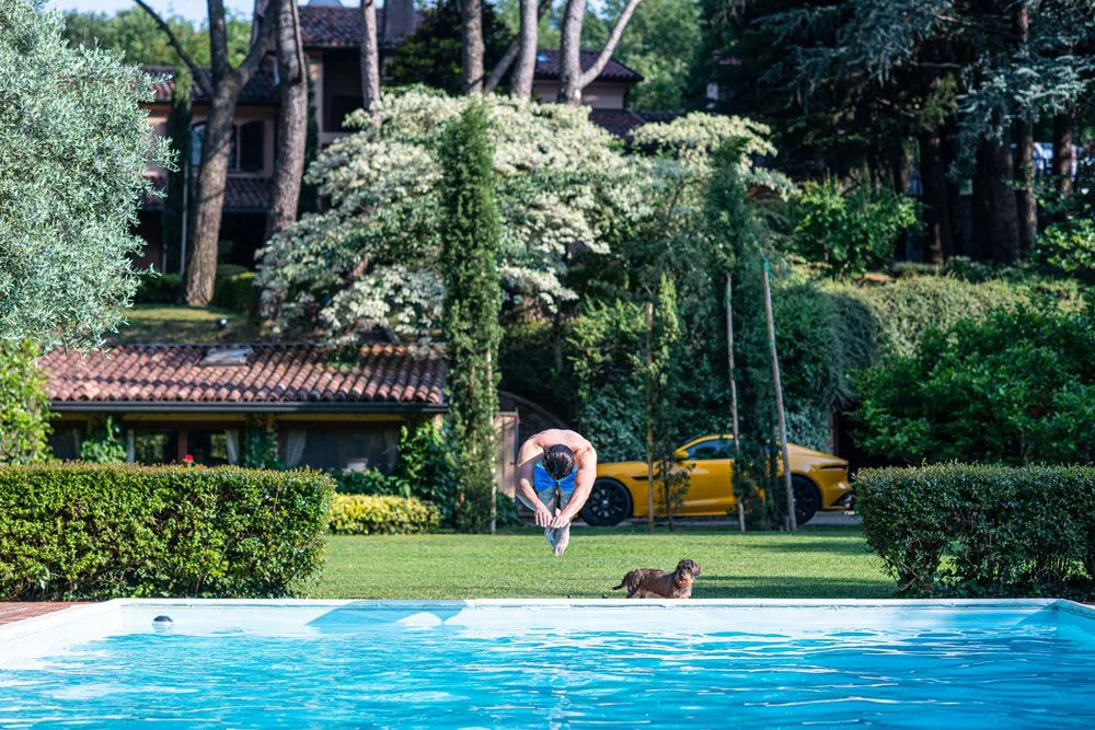 Personne plongeant dans une piscine entourée de haies vertes, avec une voiture jaune en arrière-plan et un chien sur la pelouse.